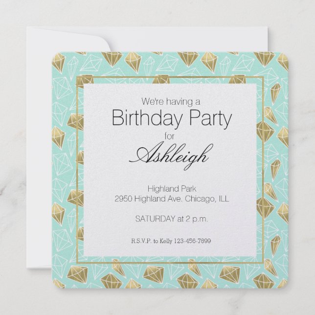 Chic Mint and Gold Diamonds Birthday Invitation (Front)