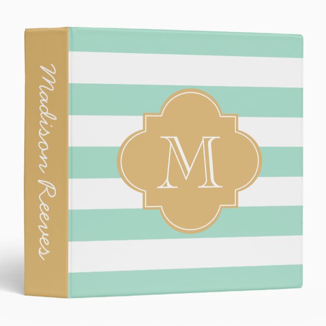 Chic Mint and Gold Striped Custom Monogram 3 Ring Binder (Front/Spine)