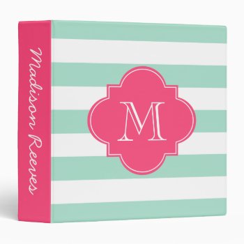 Chic Mint And Pink Striped Custom Monogram 3 Ring Binder by cardeddesigns at Zazzle