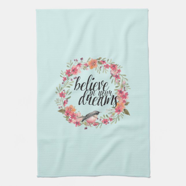 Chic Mint Believe in Your Dreams Bird Pink Floral  Kitchen Towel (Vertical)