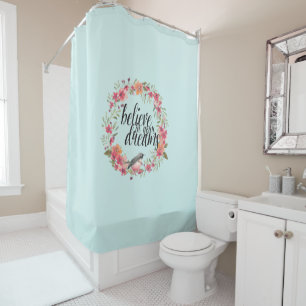 Chic Mint Believe in Your Dreams Bird Pink Floral Shower Curtain