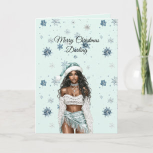 Chic Mint Blue Snowflakes Black Hair Female Card