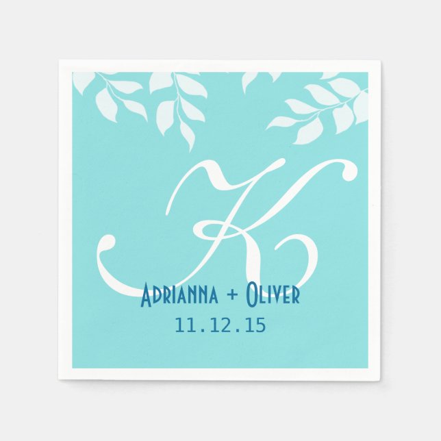 Chic Mint Blue White Leaves Wedding Monogram Paper Napkins (Front)