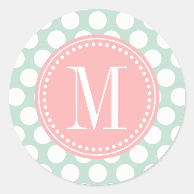 Chic Mint & Blush Pink Big Dots Monogrammed Classic Round Sticker (Front)