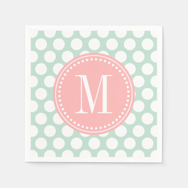 Chic Mint & Blush Pink Big Dots Monogrammed Paper Napkins (Front)