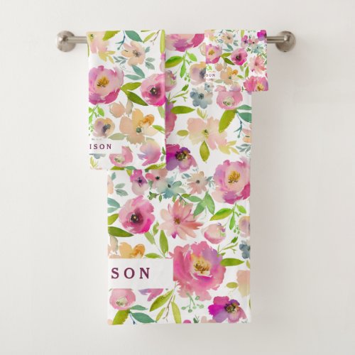 Chic Mint  Blush Pink Watercolor Floral Monogram Bath Towel Set