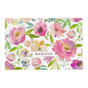 Chic Mint & Blush Pink Watercolor Floral Monogram Placemat