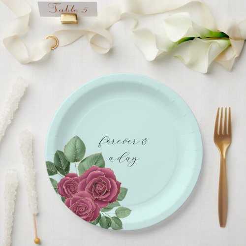 Chic Mint Burgundy Gold Roses Wedding Leaves Paper Plates