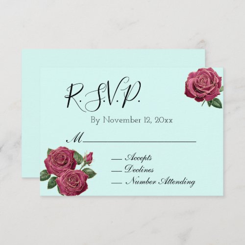 Chic Mint Burgundy Gold Roses Wedding RSVP Enclosure Card