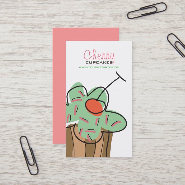 Chic Mint Cherry Cupcake Sweet Bakery Dessert Shop Business Card (Front/Back In Situ)