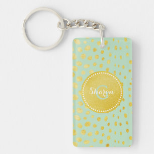 Chic mint faux gold glitter cheetah print monogram keychain