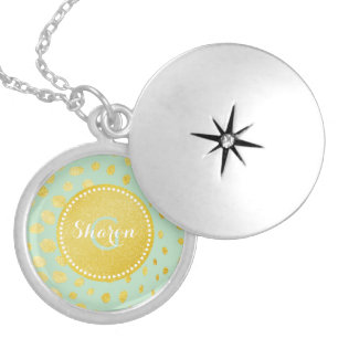 Chic mint faux gold glitter cheetah print monogram locket necklace