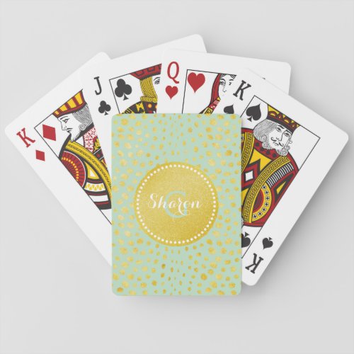 Chic mint faux gold glitter cheetah print monogram playing cards