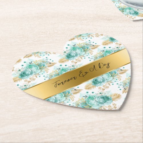 Chic Mint Glam Gold Floral Wedding Paper Coaster