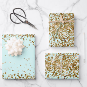 Chic Mint Glam Gold Glitzy Sparkle Glitter     Wrapping Paper Sheets