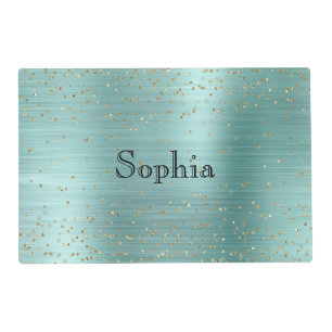 Chic Mint Glam Gold Sparkle Confetti Personalized Placemat