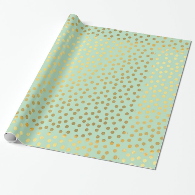 Chic Mint Gold Confetti Dots Birthday Wrapping Paper (Unrolled)