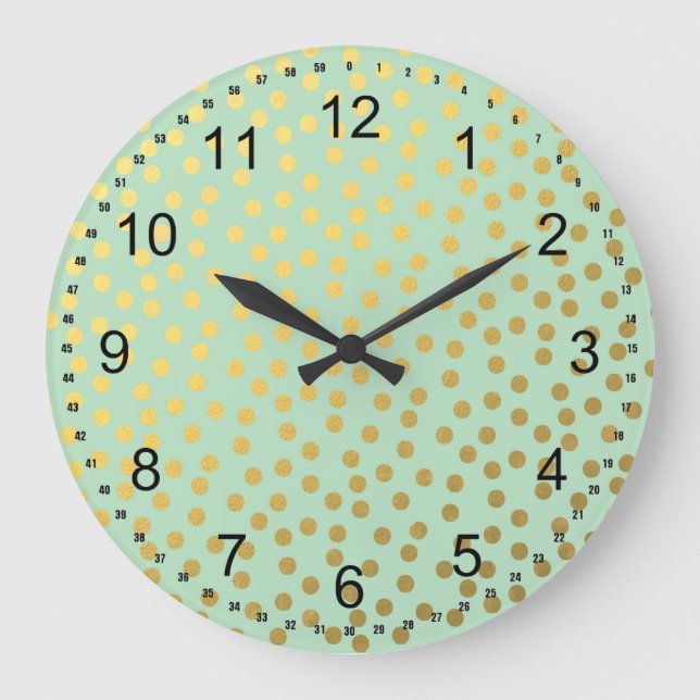 Chic Mint Gold Confetti Dots Large Clock (Front)