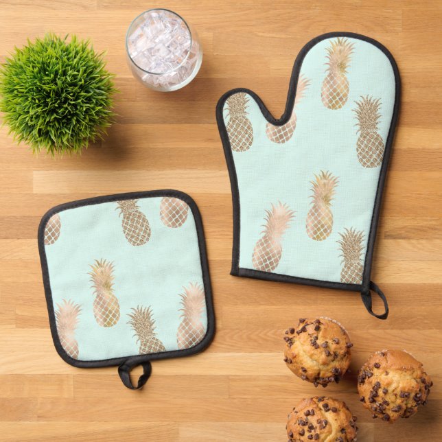 Chic Mint Gold Glam Pineapples Oven Mitt & Pot Holder Set (Top Down)