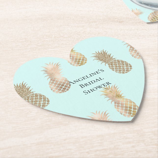 Chic Mint Gold Glam Pineapples Paper Coaster (Angled)