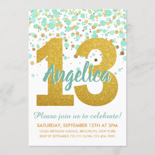 Chic Mint Gold Glitter Confetti Girl 13th Birthday Invitation