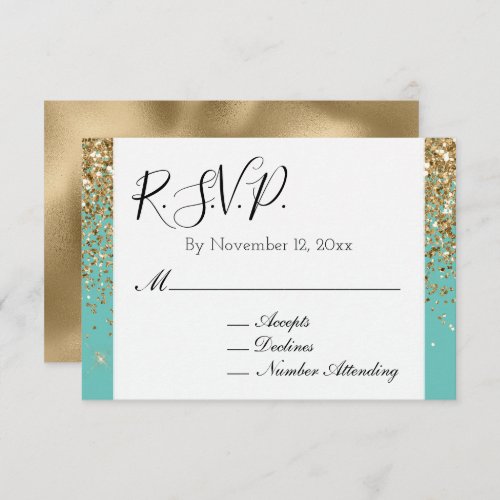 Chic Mint Gold Glitzy Glitter Wedding RSVP Enclosure Card