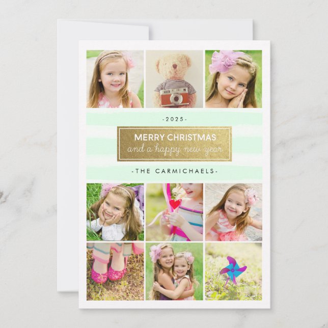 Chic Mint Gold Photo Collage Holidays Card (Front)