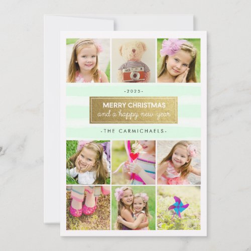 Chic Mint Gold Photo Collage Holidays Card