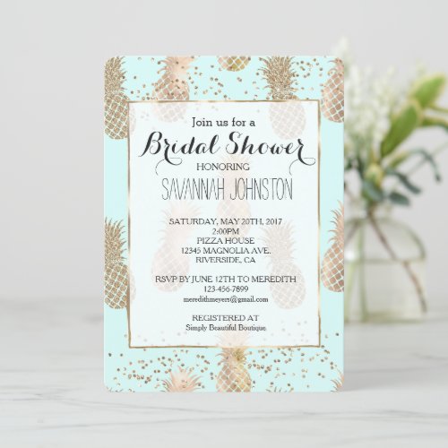 Chic Mint Gold  Tropical Pineapples Bridal shower Invitation