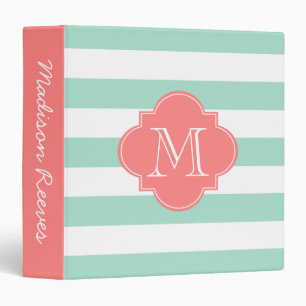 Chic Mint Green and Coral Striped Custom Monogram Binder