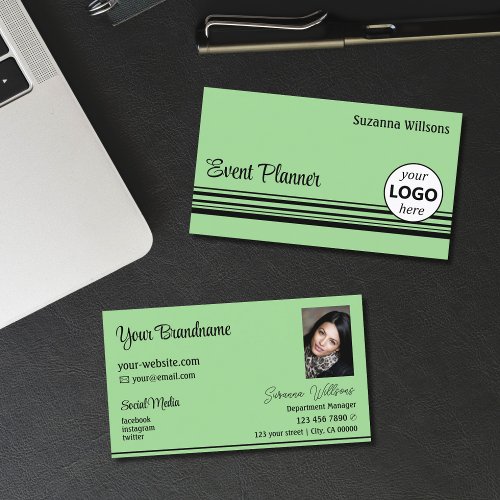 Chic Mint Green Black Stripes with Logo and Photo Business Card