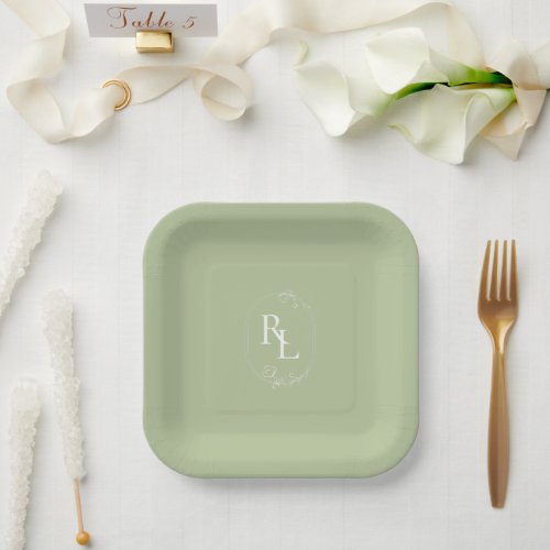 Chic Mint Green Couple Monogram Wedding  Paper Plates