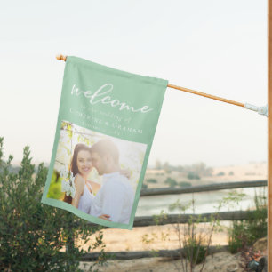 Chic Mint Green Couple Photo Wedding House Flag