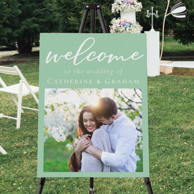 Chic Mint Green Couple Photo Wedding Welcome Foam Board (Creator Uploaded)