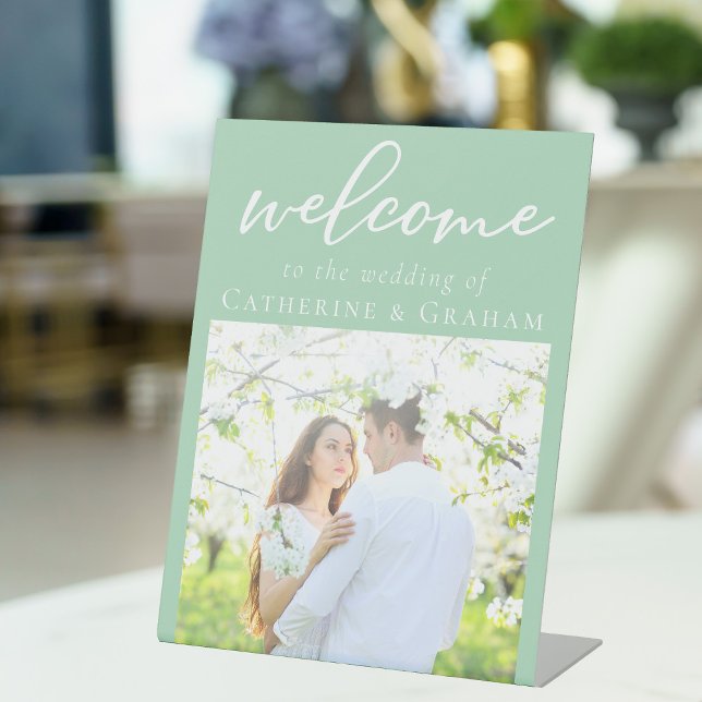 Chic Mint Green Couple Photo Wedding Welcome Pedestal Sign (Creator Uploaded)