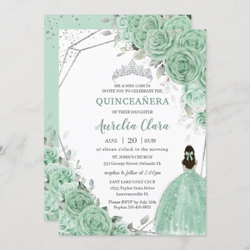 Chic Mint Green Floral Princess Silver Quinceaera Invitation