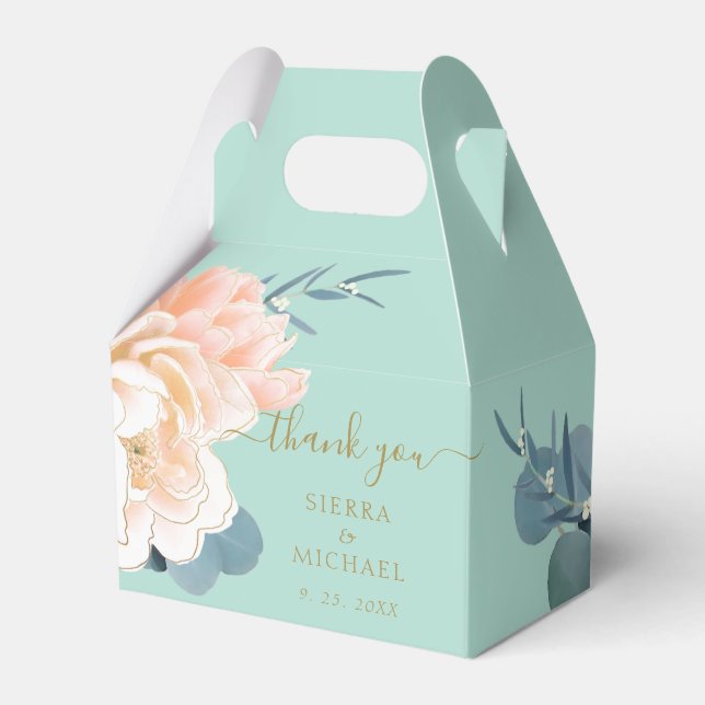 Chic Mint Green Gold Blush Peach Floral Wedding Favor Boxes (Front Side)