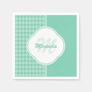 Chic Mint Green Houndstooth With Monogram and Name Napkins
