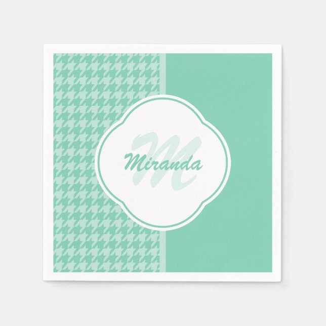 Chic Mint Green Houndstooth With Monogram and Name Napkins (Front)