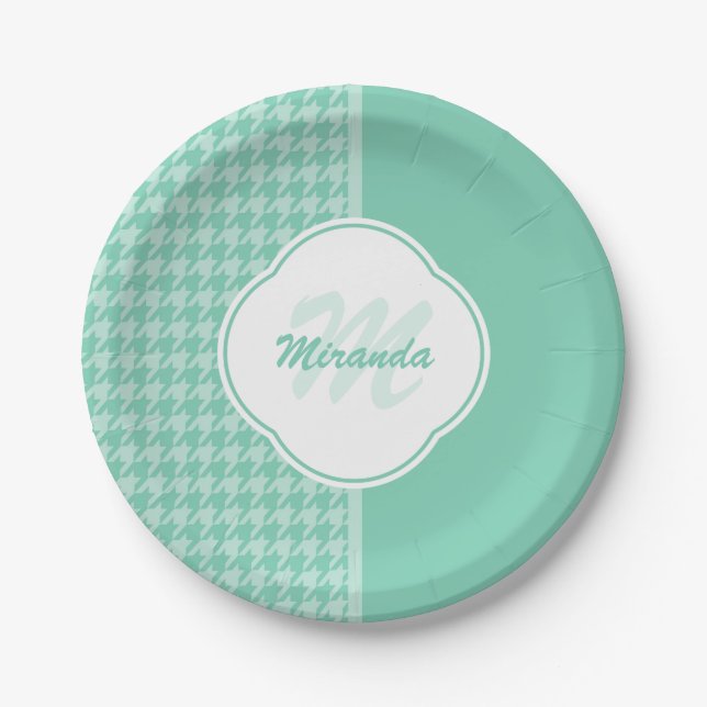 Chic Mint Green Houndstooth With Monogram and Name Paper Plates (Front)
