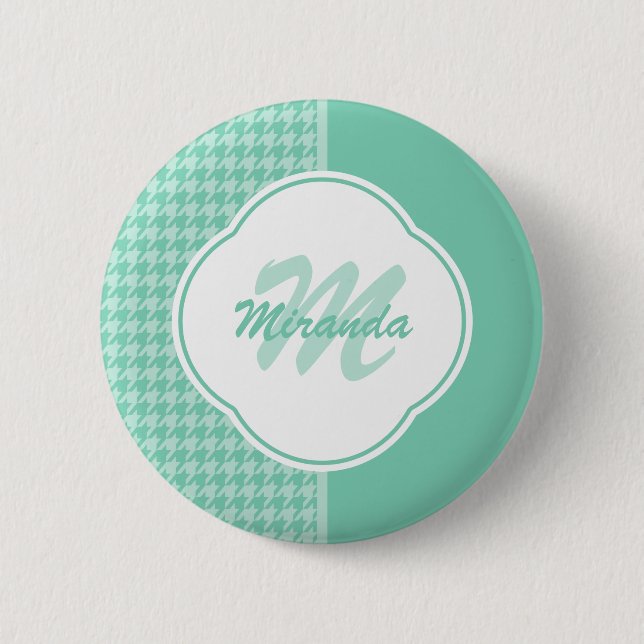 Chic Mint Green Houndstooth With Monogram and Name Pinback Button (Front)