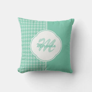 Chic Mint Green Houndstooth With Monogram and Name Throw Pillow