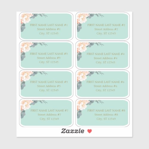 Chic Mint Green Peach Floral Wedding Guest Address Sticker