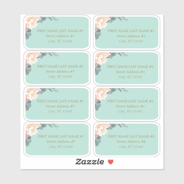 Chic Mint Green Peach Floral Wedding Guest Address Sticker (Sheet)