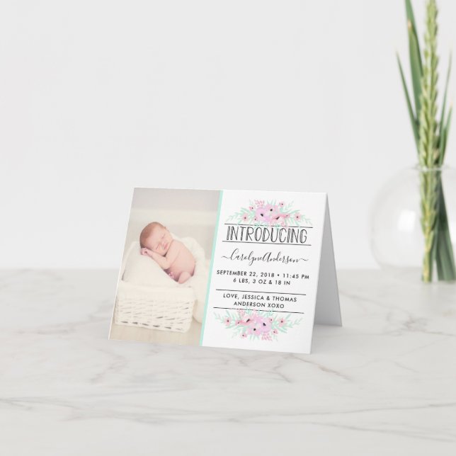 Chic Mint Green & Pink Flowers Birth Announcement (Front)