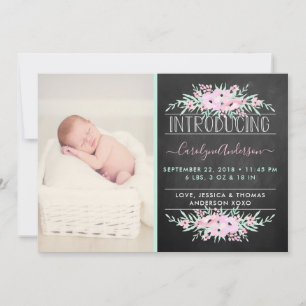 Chic Mint Green & Pink Flowers Birth Announcement