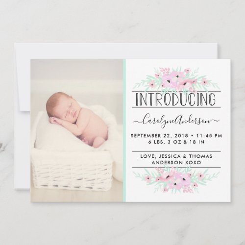 Chic Mint Green  Pink Flowers Birth Announcement