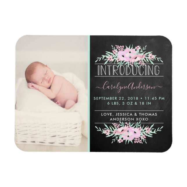Chic Mint Green & Pink Flowers Birth Announcement Magnet (Horizontal)