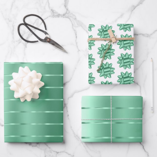 Chic Mint Green Ribbon Bow Bridal Shower Wrapping Paper Sheets (Front)