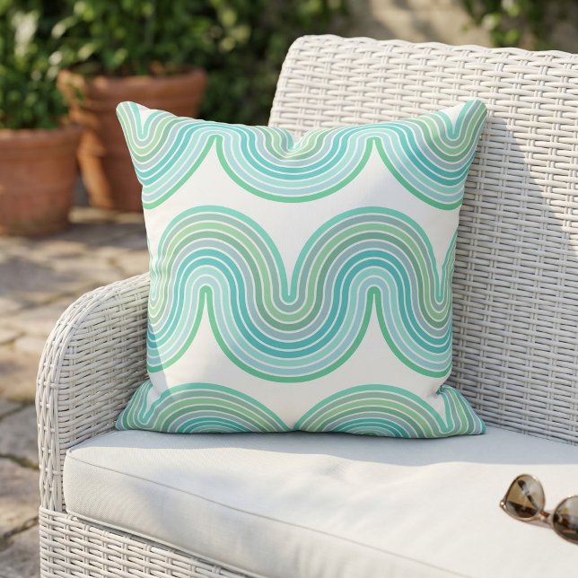 Chic Mint Green Turquoise Blue White Wave Pattern Outdoor Pillow (Creator Uploaded)